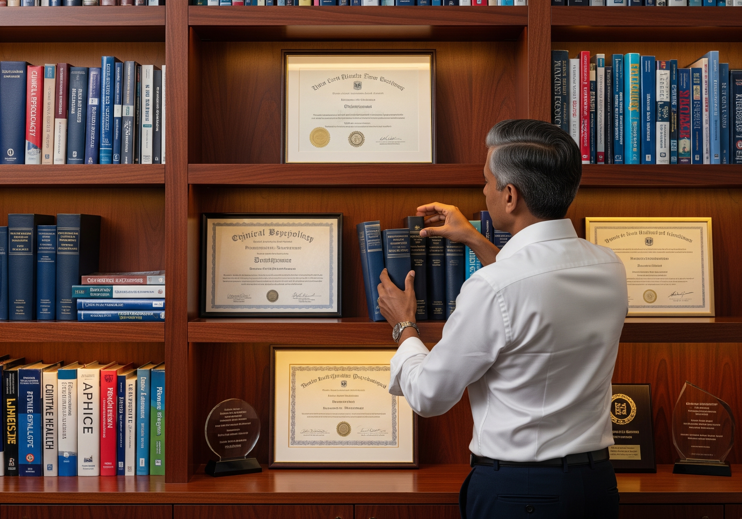 psicoterapeuta acreditado colocando un libro